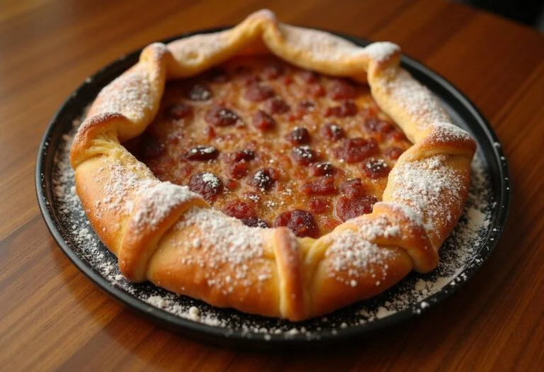 Galette Basque Traditionnelle au Gâteau Basque sortant du four, dorée et garnie de sucre glace, sur une table en bois.