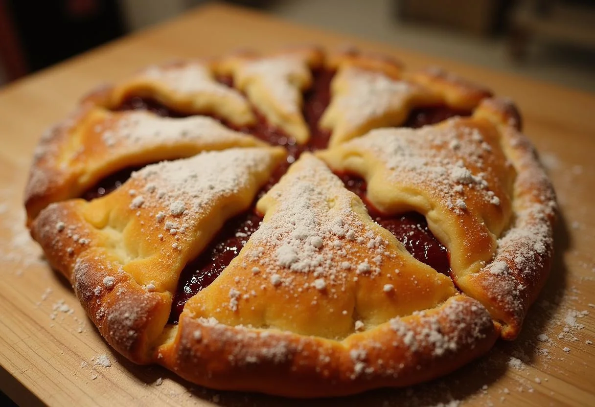 Galette Basque Traditionnelle au Gâteau Basque sortant du four, dorée et garnie de sucre glace, sur une table en bois.
