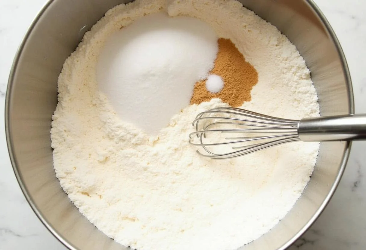 Mélange de farine, sucre et sel pour la galette basque traditionnelle, ingrédients secs dans un bol à mélanger.