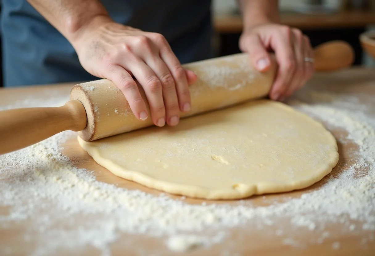 Abaisse de pâte pour la galette basque traditionnelle, déroulée sur une surface farinée avec un rouleau à pâtisserie.
