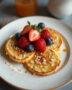 Assiette joliment dressée de galettes d'avoine dorées accompagnées de fruits frais et un filet de miel pour la recette galette flocon d'avoine minceur.