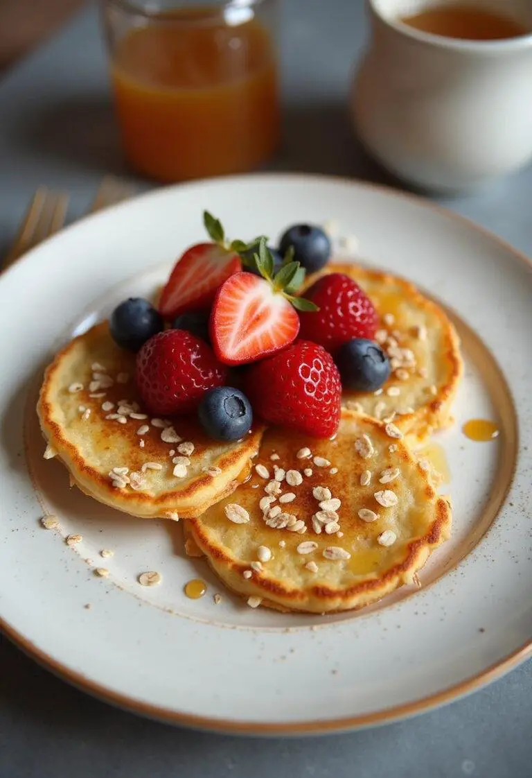 Assiette joliment dressée de galettes d'avoine dorées accompagnées de fruits frais et un filet de miel pour la recette galette flocon d'avoine minceur.