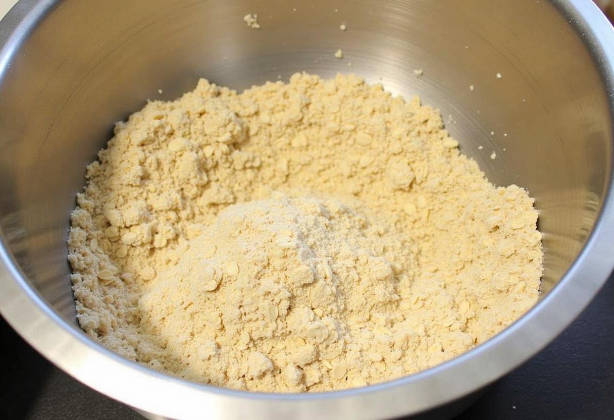 Mélange de flocons d'avoine, farine d'amande et sel dans un grand bol pour la recette de galette flocon d'avoine minceur.