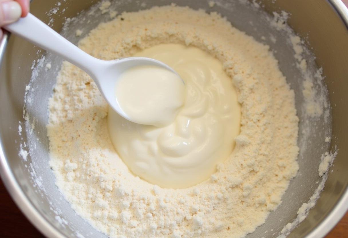 Ajout de lait d'amande non sucré aux ingrédients secs pour obtenir une pùte lisse pour la galette flocon d'avoine.