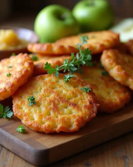 Présentation des galettes de pomme de terre alsacienne dorées sur un plateau en bois, accompagnées de compote de pommes pour une expérience délicieuse.