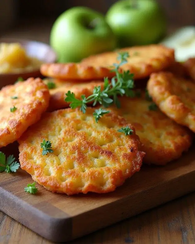 Présentation des galettes de pomme de terre alsacienne dorées sur un plateau en bois, accompagnées de compote de pommes pour une expérience délicieuse.