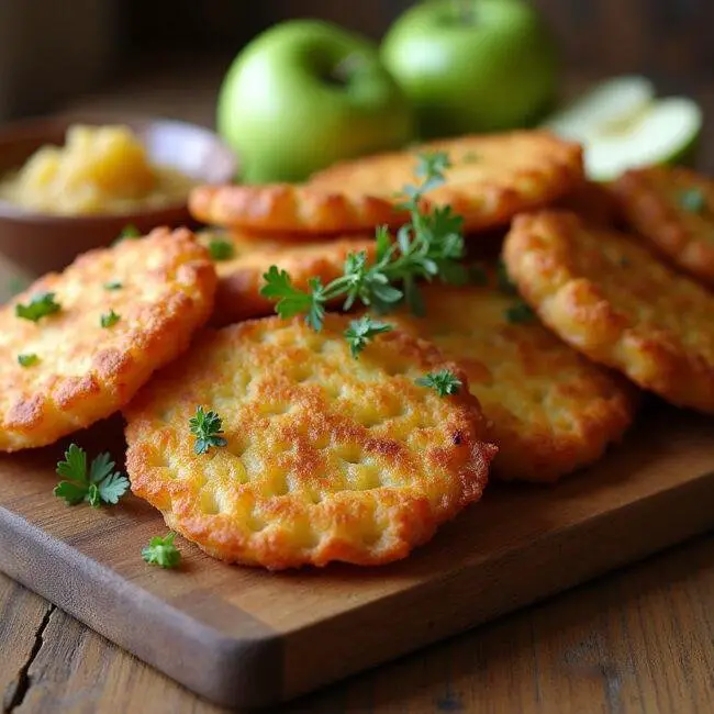 Présentation des galettes de pomme de terre alsacienne dorées sur un plateau en bois, accompagnées de compote de pommes pour une expérience délicieuse.