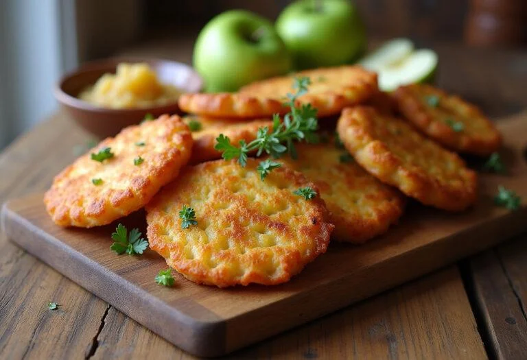 Présentation des galettes de pomme de terre alsacienne dorées sur un plateau en bois, accompagnées de compote de pommes pour une expérience délicieuse.