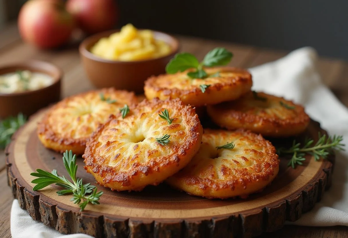 Présentation des galettes de pomme de terre alsacienne dorées sur un plateau en bois, accompagnées de compote de pommes pour une expérience délicieuse.