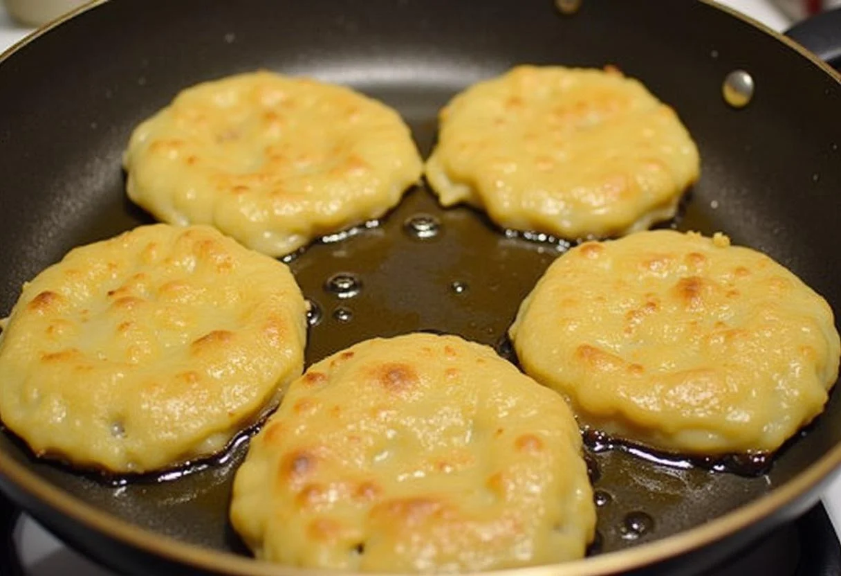 Cuisson des galettes de pomme de terre alsacienne dans une grande poĂȘle avec de l'huile chaude, crĂ©ant une belle couleur dorĂ©e sur chaque cĂŽtĂ©.