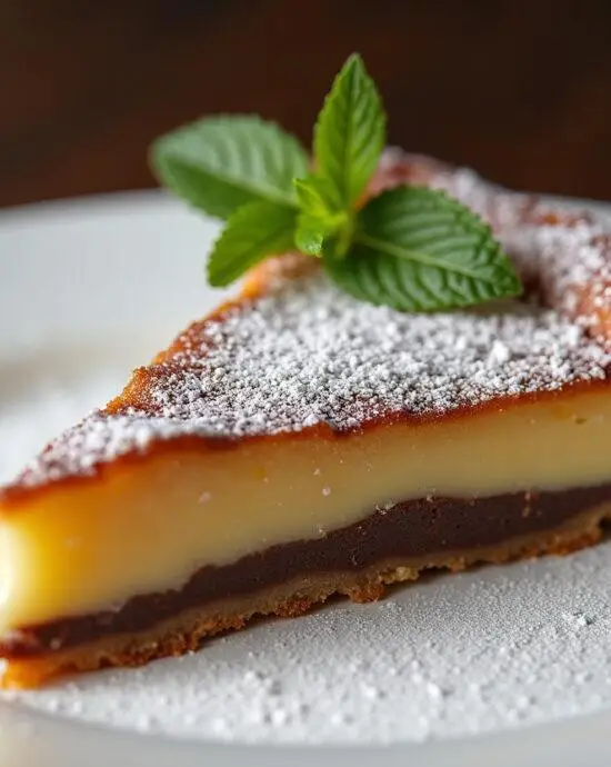 Tranche de galette des rois poire chocolat joliment présentée avec du sucre en poudre.