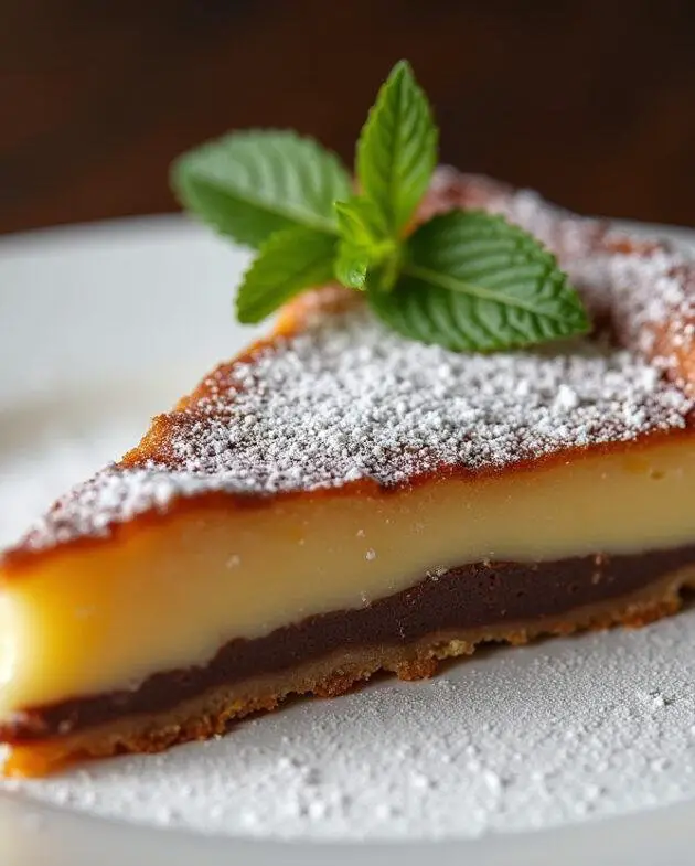 Tranche de galette des rois poire chocolat joliment présentée avec du sucre en poudre.