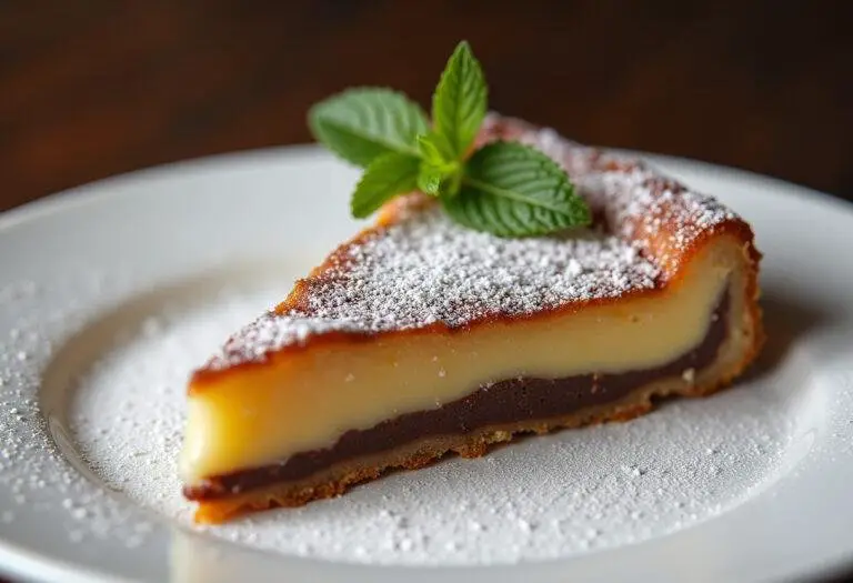 Tranche de galette des rois poire chocolat joliment présentée avec du sucre en poudre.