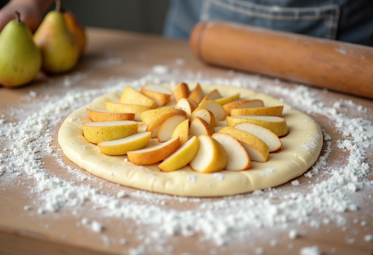 Préparation de la pâte pour la galette des rois poire chocolat avec de la farine et des poires hachées.