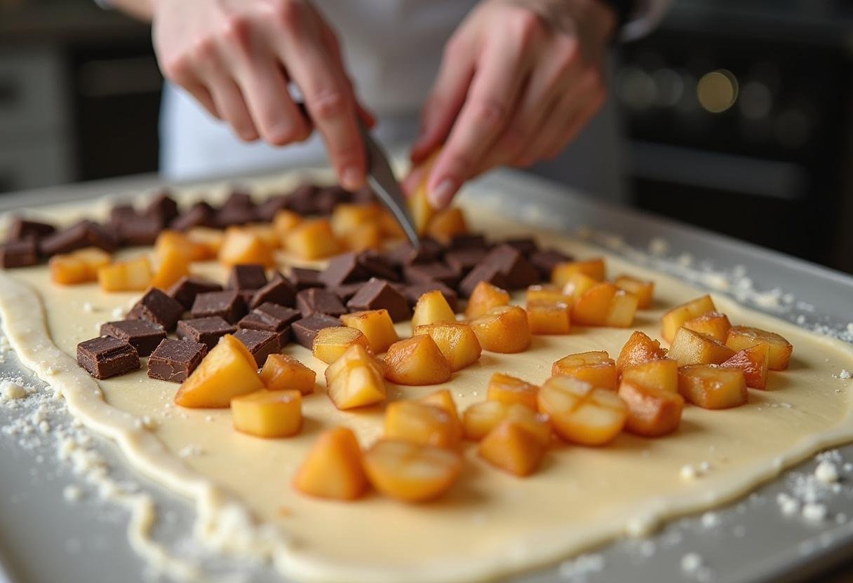 Des morceaux de chocolat et des poires caramélisées sur la pâte prête pour la galette poire chocolat.