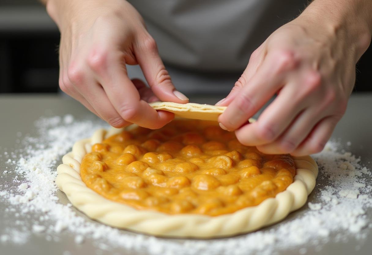 Pliage de la pâte pour une galette des rois chocolat poire avant la cuisson.