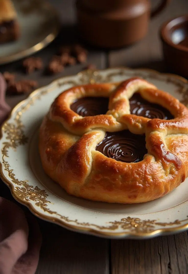 Galette des rois chocolat parfaitement cuite, présentée sur une assiette vintage, révélant une croûte dorée et du chocolat fondant.