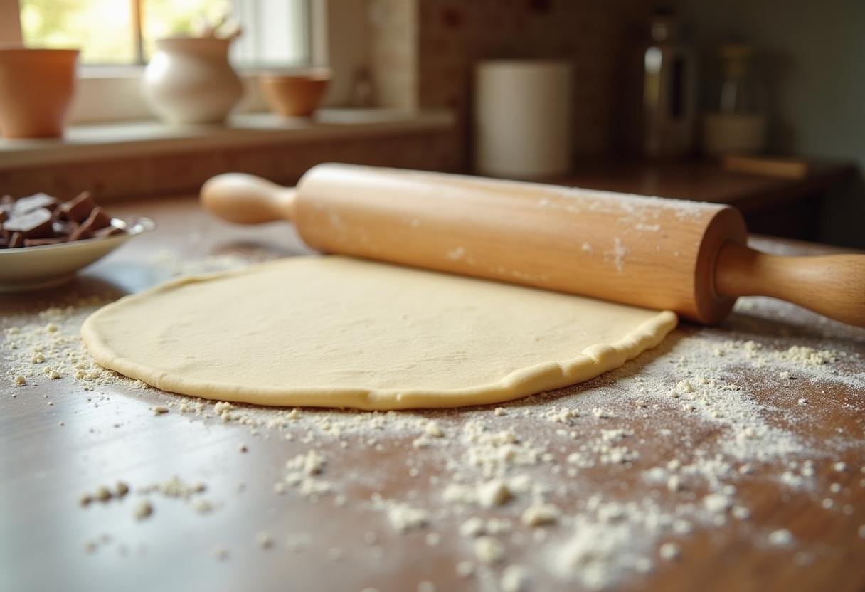 Étaler la pâte pour la galette chocolat, avec des morceaux de chocolat et de la crème d'amande à proximité.
