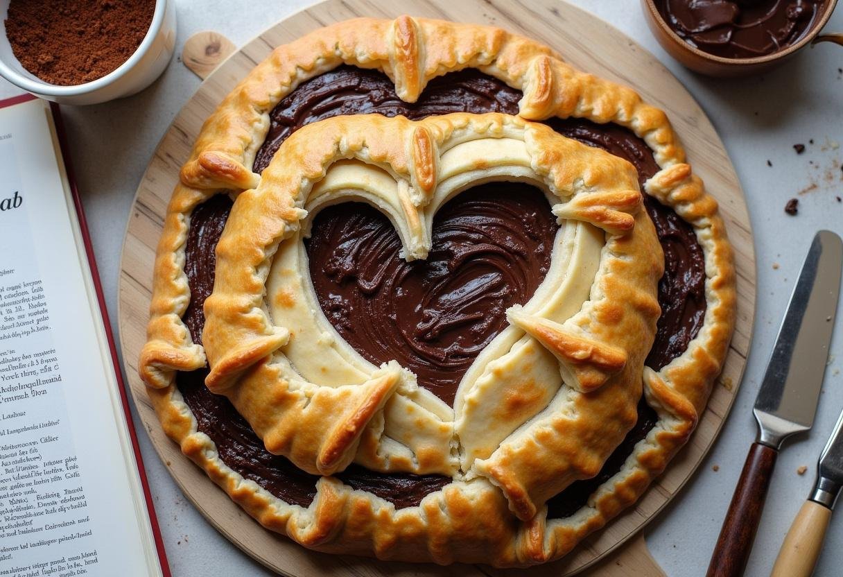 Vue de dessus de la galette des rois au chocolat, avec une garniture au chocolat et un motif de couronne.
