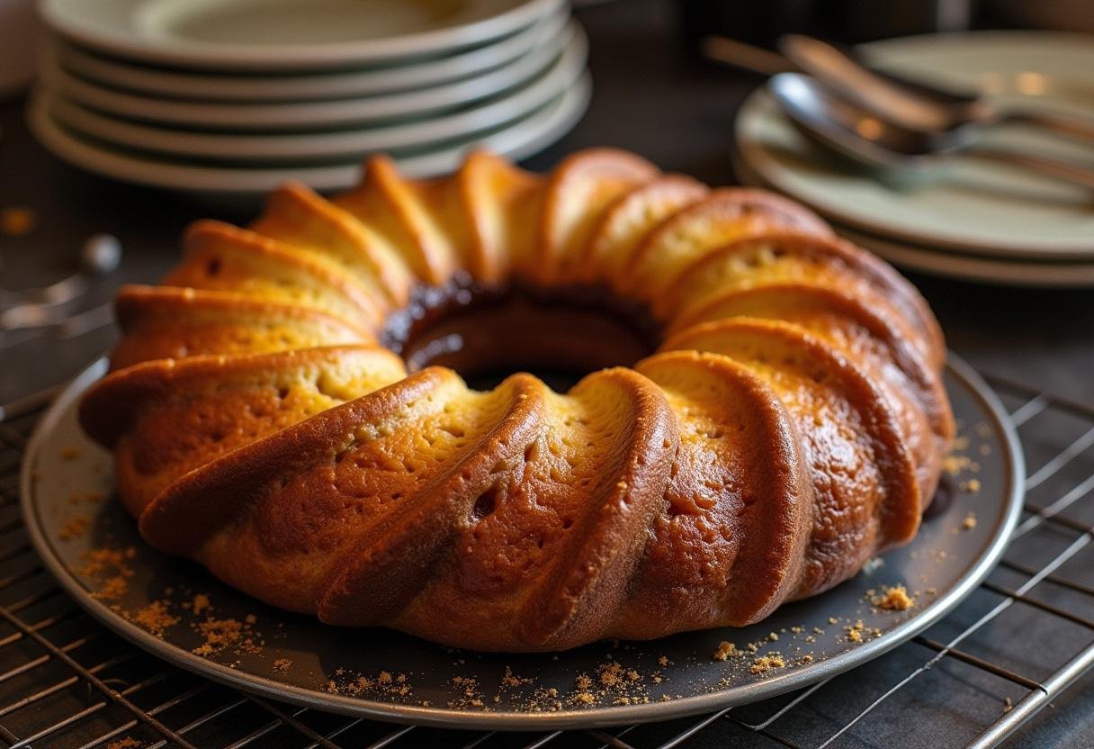 Galette des rois au chocolat dorée fraîchement sortie du four, prête à être servie.