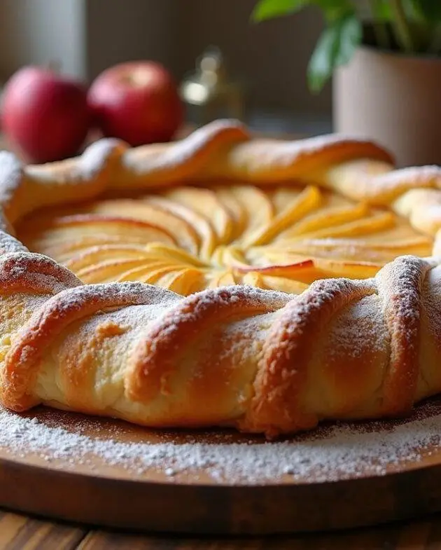 Galette des rois aux pommes dorée et croustillante prête à être dégustée, présentation soignée sur une planche en bois.