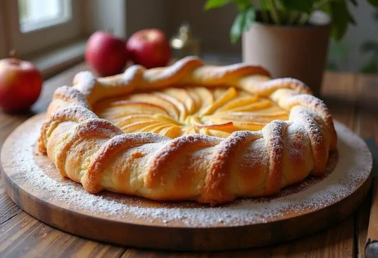 Galette des rois aux pommes dorĂ©e et croustillante prĂȘte Ă ĂȘtre dĂ©gustĂ©e, prĂ©sentation soignĂ©e sur une planche en bois.