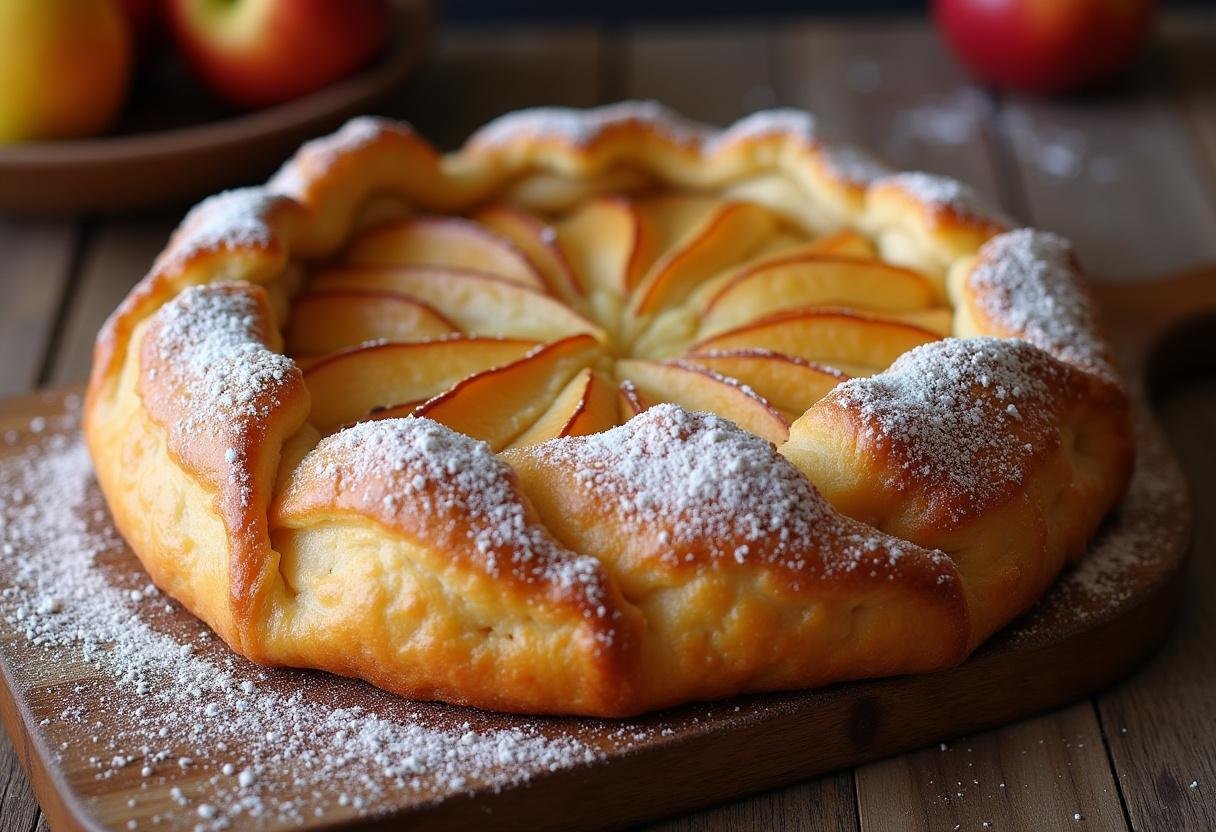 Galette des rois aux pommes dorĂ©e et croustillante prĂȘte Ă ĂȘtre dĂ©gustĂ©e, prĂ©sentation soignĂ©e sur une planche en bois.