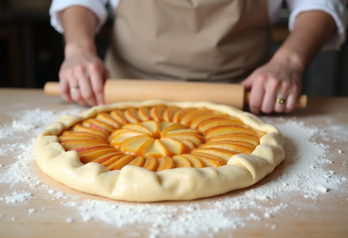 Fait main de pùte feuilletée pour galette des rois aux pommes, devant un plan de travail, chef pùtissier au travail.