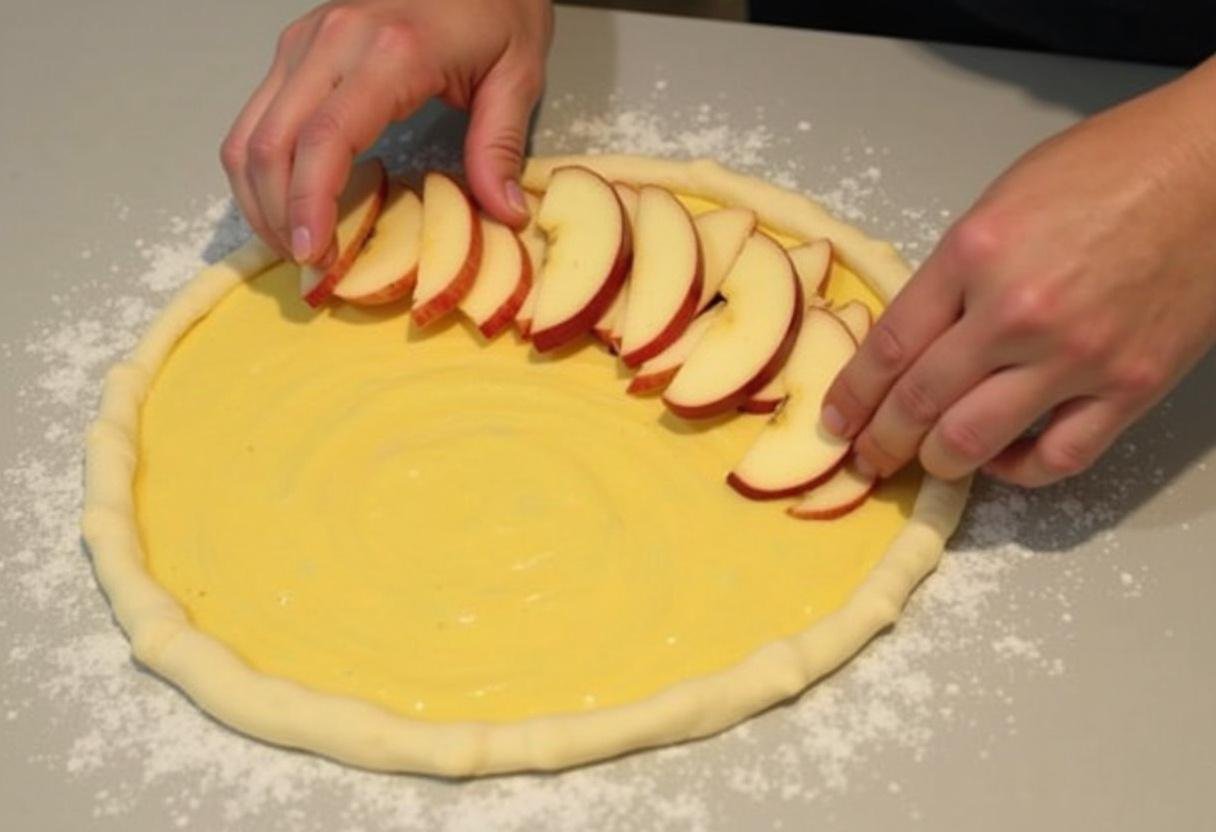 Arrangement de pommes fraĂźches pour la galette des rois aux pommes, chef prĂ©parant avec soin au cĆur de la cuisine.