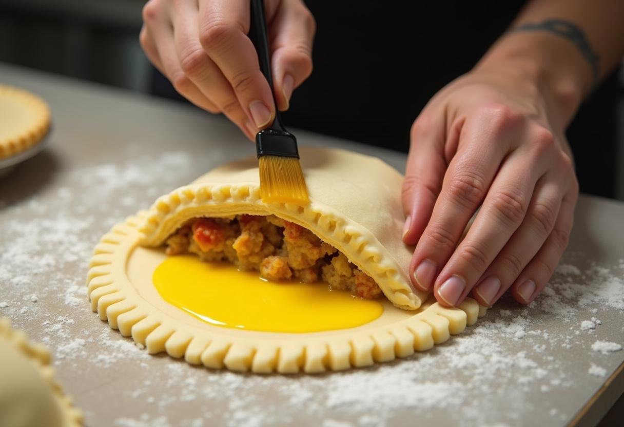 Pliage et scellage de la galette des rois aux pommes, illustration d'un travail minutieux en pĂątisserie.