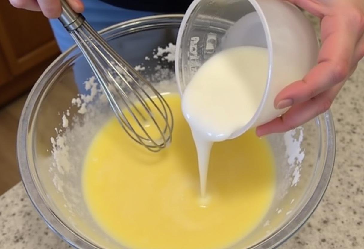 Mélange d'œufs et de lait pour les galettes bretonnes dans un bol en céramique.