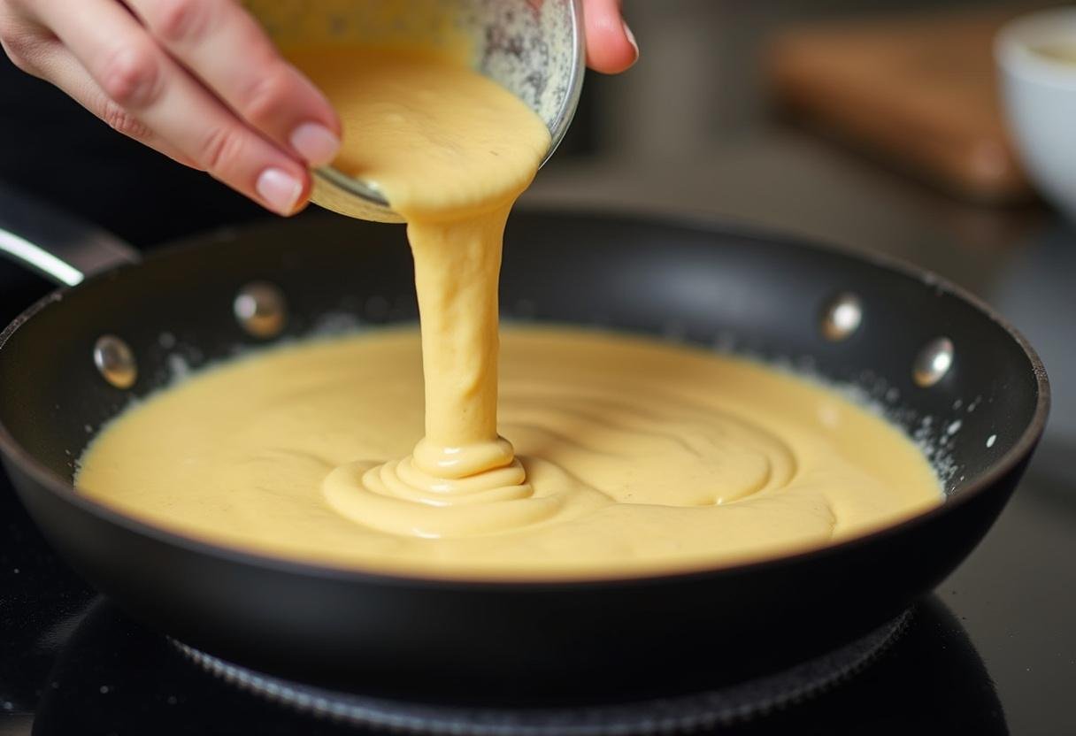 Cuisson des galettes bretonnes dans une poêle chaude, montrant l'étalement de la pâte.