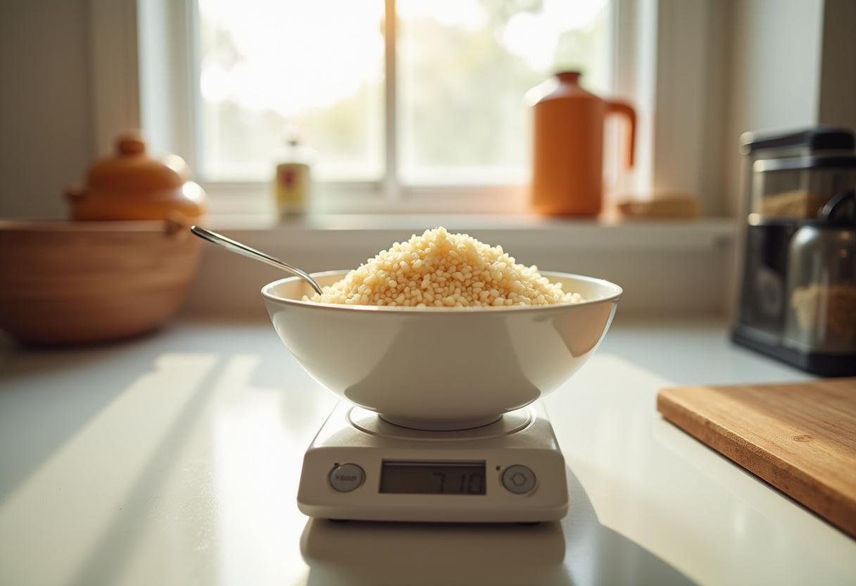 Mesurer des galettes de riz dans un bol dans une cuisine ensoleillée, recette galette de riz, snack léger.
