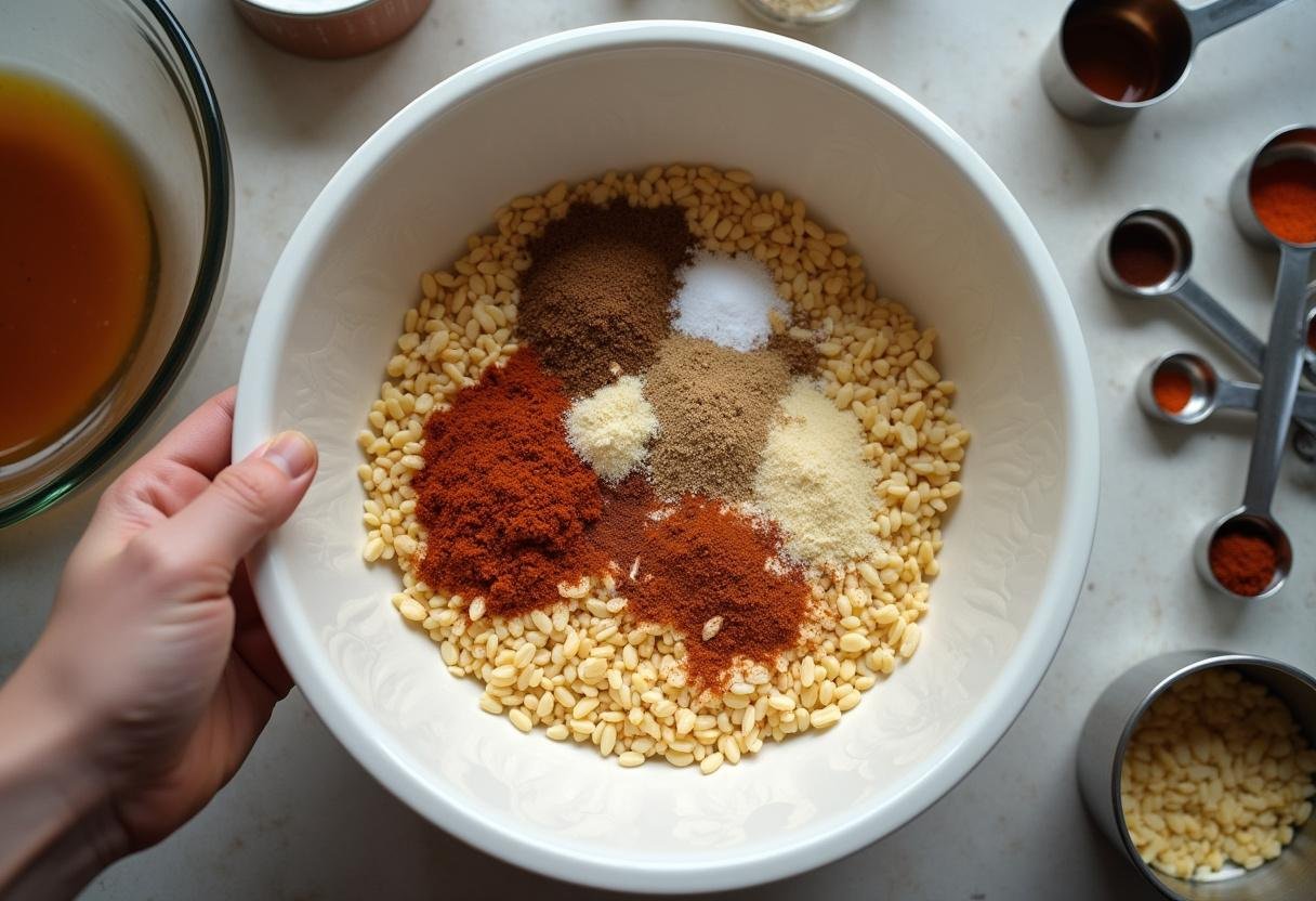 Préparer un mélange d'épices pour galette de riz sur un comptoir de cuisine organisé, recette galette de riz, galette de riz calorie.