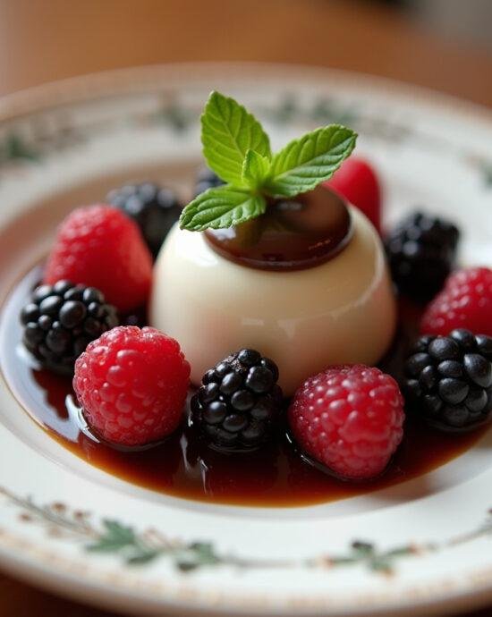 Dessert élégant présentant une ganache montée au chocolat légère entourée de baies et de menthe, illustrant parfaitement la ganache montée chocolat.