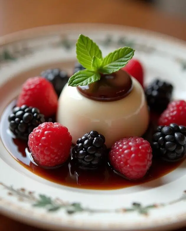 Dessert élégant présentant une ganache montée au chocolat légère entourée de baies et de menthe, illustrant parfaitement la ganache montée chocolat.