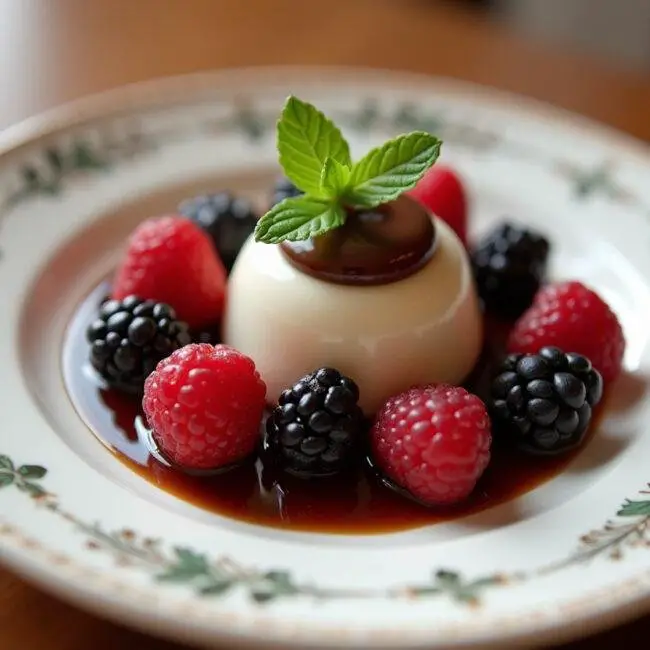 Dessert élégant présentant une ganache montée au chocolat légère entourée de baies et de menthe, illustrant parfaitement la ganache montée chocolat.