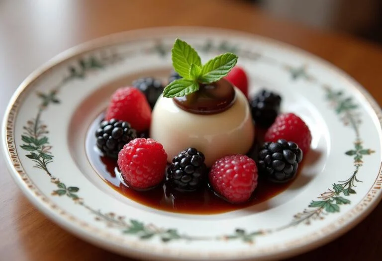 Dessert élégant présentant une ganache montée au chocolat légère entourée de baies et de menthe, illustrant parfaitement la ganache montée chocolat.