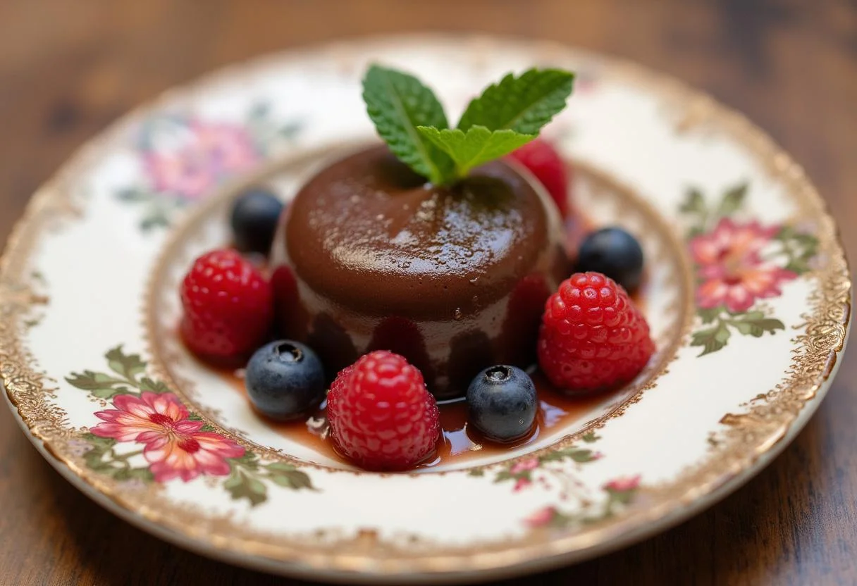 Dessert élégant présentant une ganache montée au chocolat légère entourée de baies et de menthe, illustrant parfaitement la ganache montée chocolat.