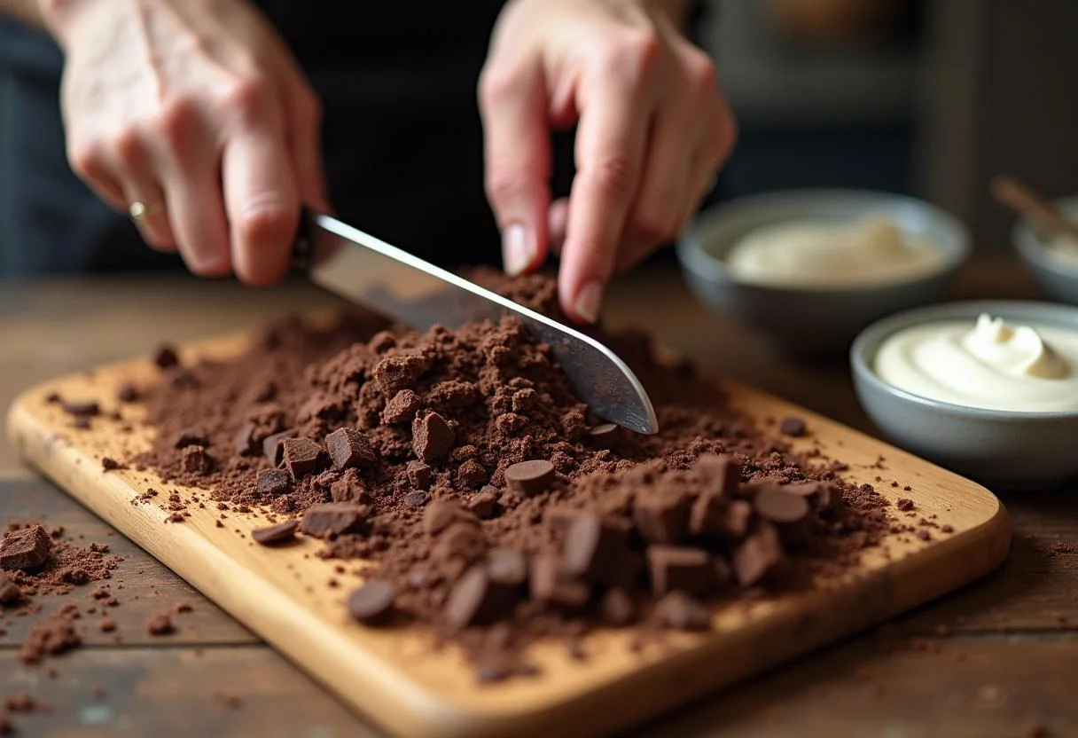 Préparation de ganache montée au chocolat avec du chocolat noir haché sur une planche en bois, parfait pour une recette de ganache montée chocolat.