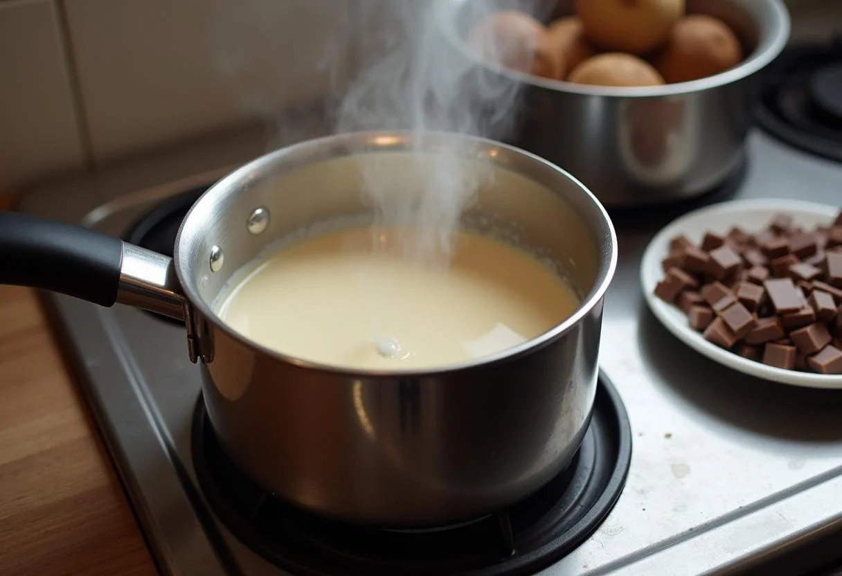 Chauffage de la crème pour la ganache montée au chocolat, avec du chocolat noir à portée de main, idéal pour réaliser une ganache montée chocolat parfaite.