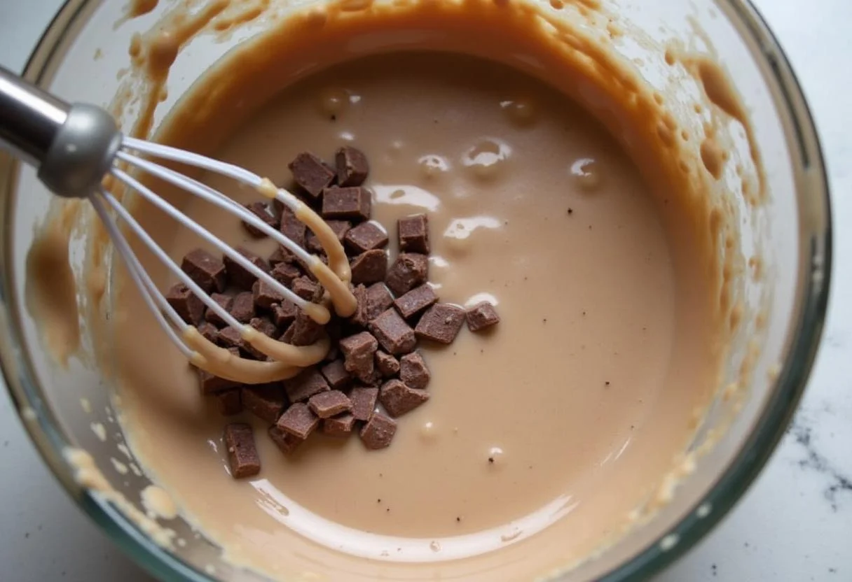 Mélange du chocolat noir avec de la crème chaude pour la ganache montée au chocolat, donnant une texture lisse et brillante, essentielle pour une ganache montée chocolat.