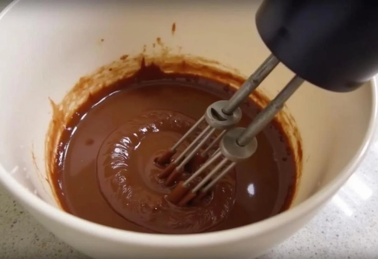 Fouettage de la ganache montée au chocolat dans un bol, transformant le mélange en une texture légère et aérée, cruciale pour une ganache montée chocolat réussie.