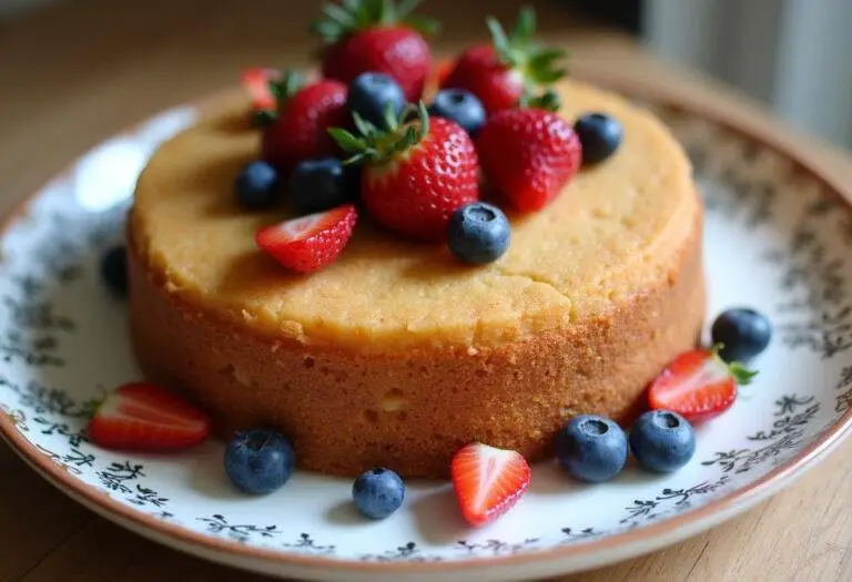 Gùteau ig bas pour diabétiques décoré de baies fraßches sur une assiette élégante.