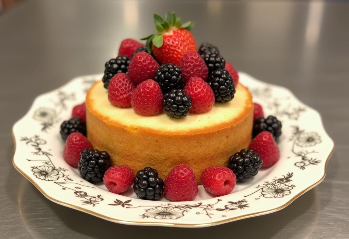 Gùteau ig bas pour diabétiques décoré de baies fraßches sur une assiette élégante.