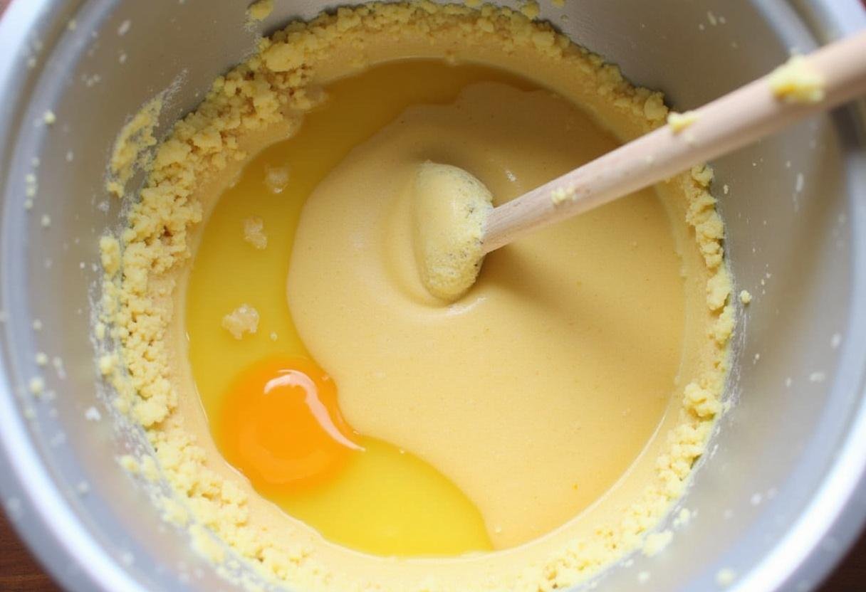 Incorporation d'Ćufs et d'huile de coco fondue dans la prĂ©paration pour le gĂąteau ig bas.