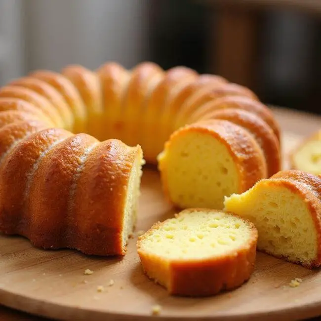 Afficher le gâteau idéal pour le petit déjeuner, doré et tranché, sur une table en bois, prêt à être dégusté.