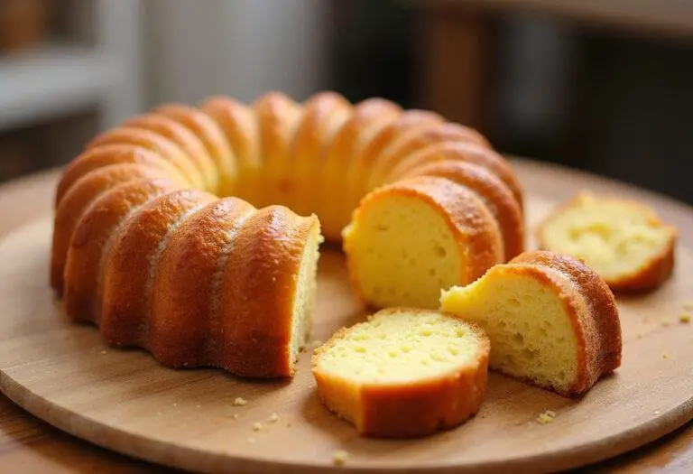 Afficher le gâteau idéal pour le petit déjeuner, doré et tranché, sur une table en bois, prêt à être dégusté.