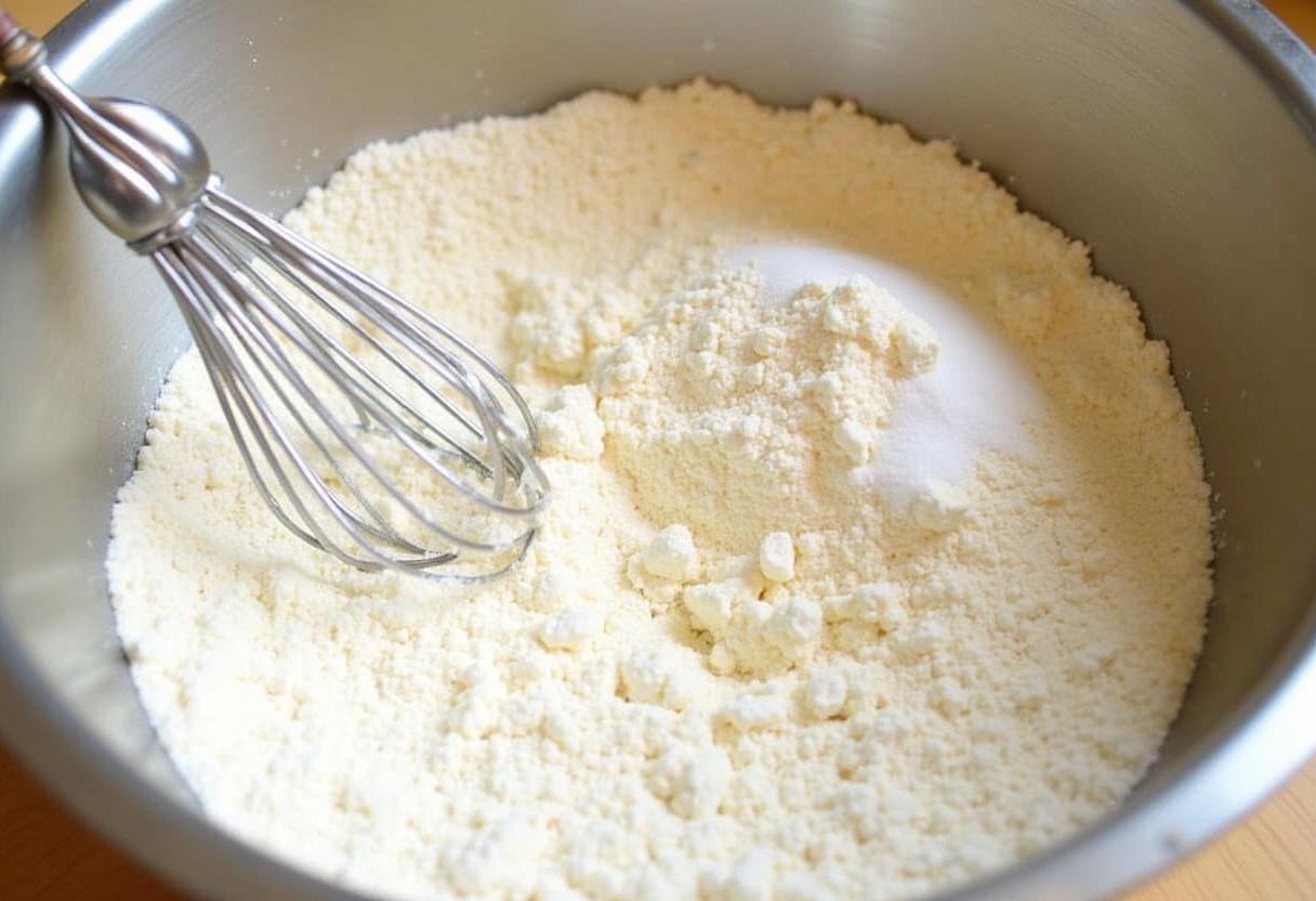 Mélanger la farine, le sucre, la levure chimique et le sel dans un grand bol, un gâteau pour petit déjeuner en préparation.