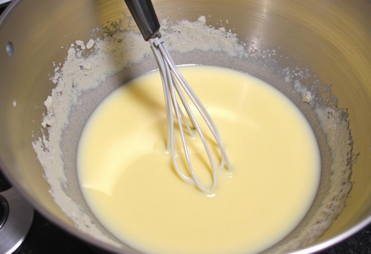 Dans un autre bol, fouetter le lait, les œufs et le beurre fondu, ajoutant à la préparation de gâteau du petit déjeuner.